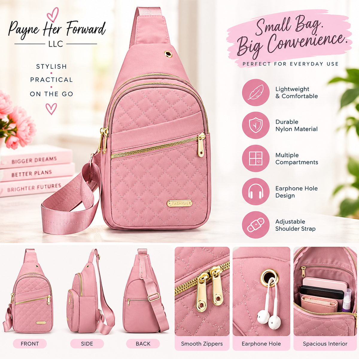 A Pink sling backpack shown from two angles, side by side, on a light gray mat over a wooden surface. The backpack features a quilted front pocket with gold-tone zippers and a small gold plaque.