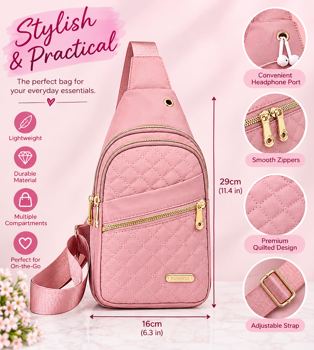 A Pink sling backpack shown from two angles, side by side, on a light gray mat over a wooden surface. The backpack features a quilted front pocket with gold-tone zippers and a small gold plaque.