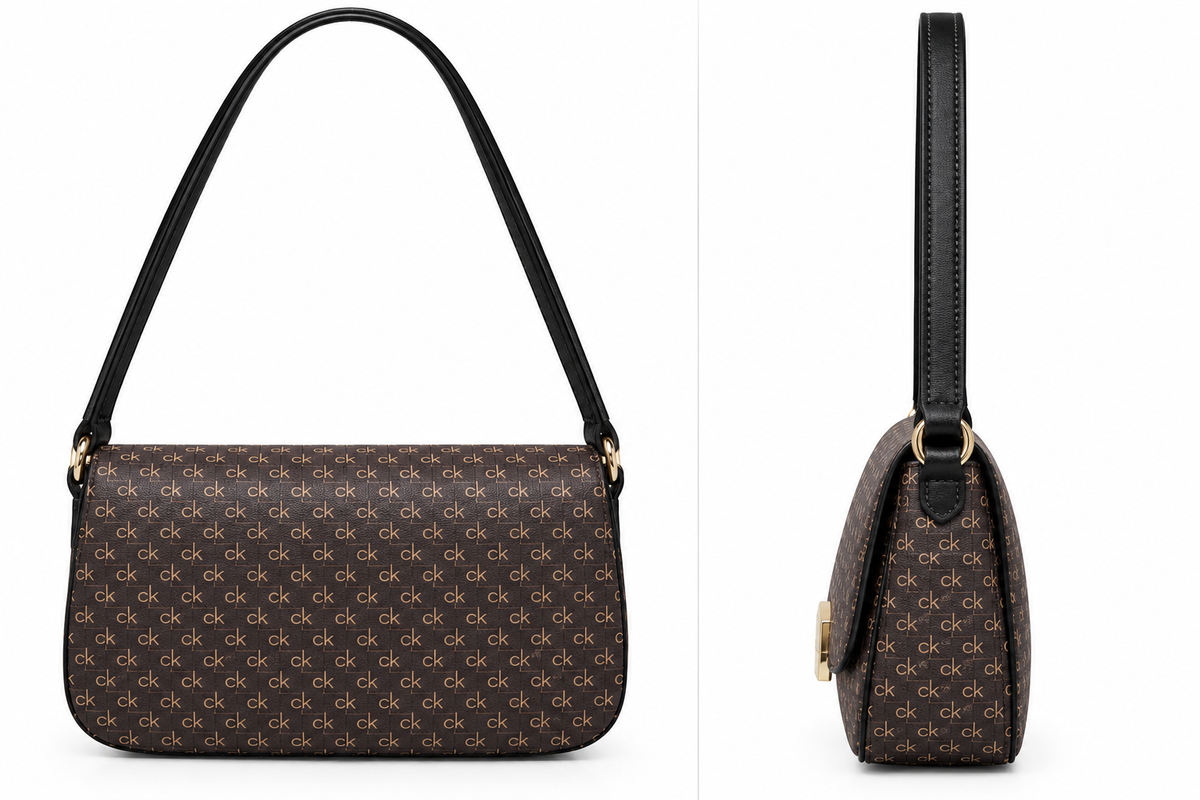 A dark brown monogram shoulder bag shown from the front and side views against a white background. The bag features an allover repeating 'ck' monogram pattern, a black leather strap, and gold-tone hardware.