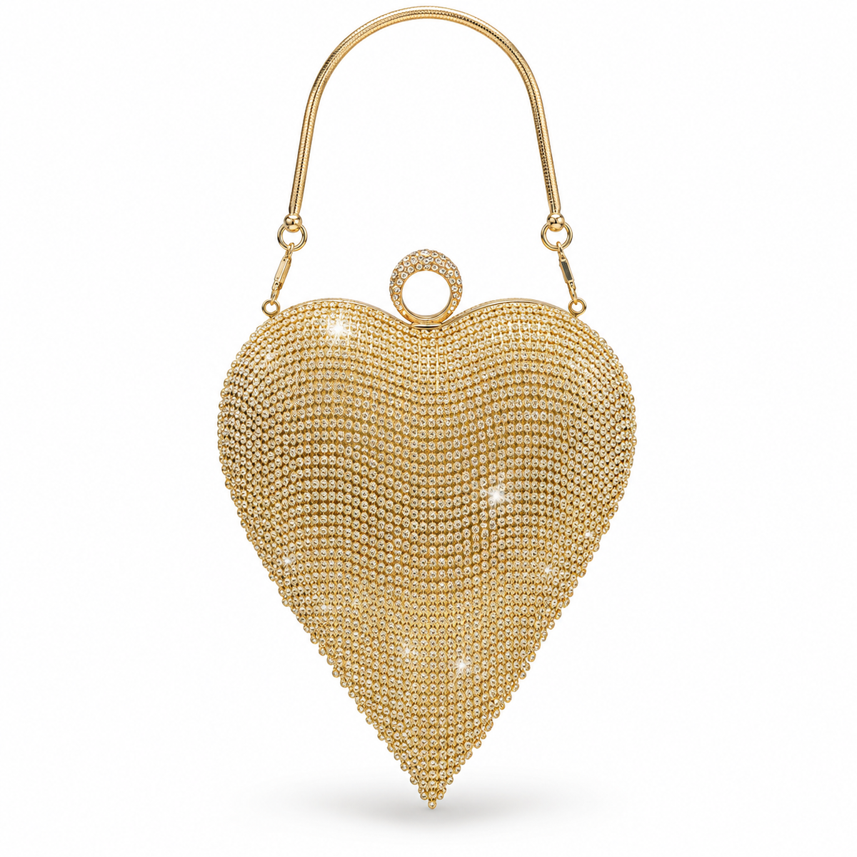 A gold heart-shaped evening clutch bag made of shimmering rhinestone mesh, featuring a curved top handle and a circular ring detail at the top center, shown against a plain white background.