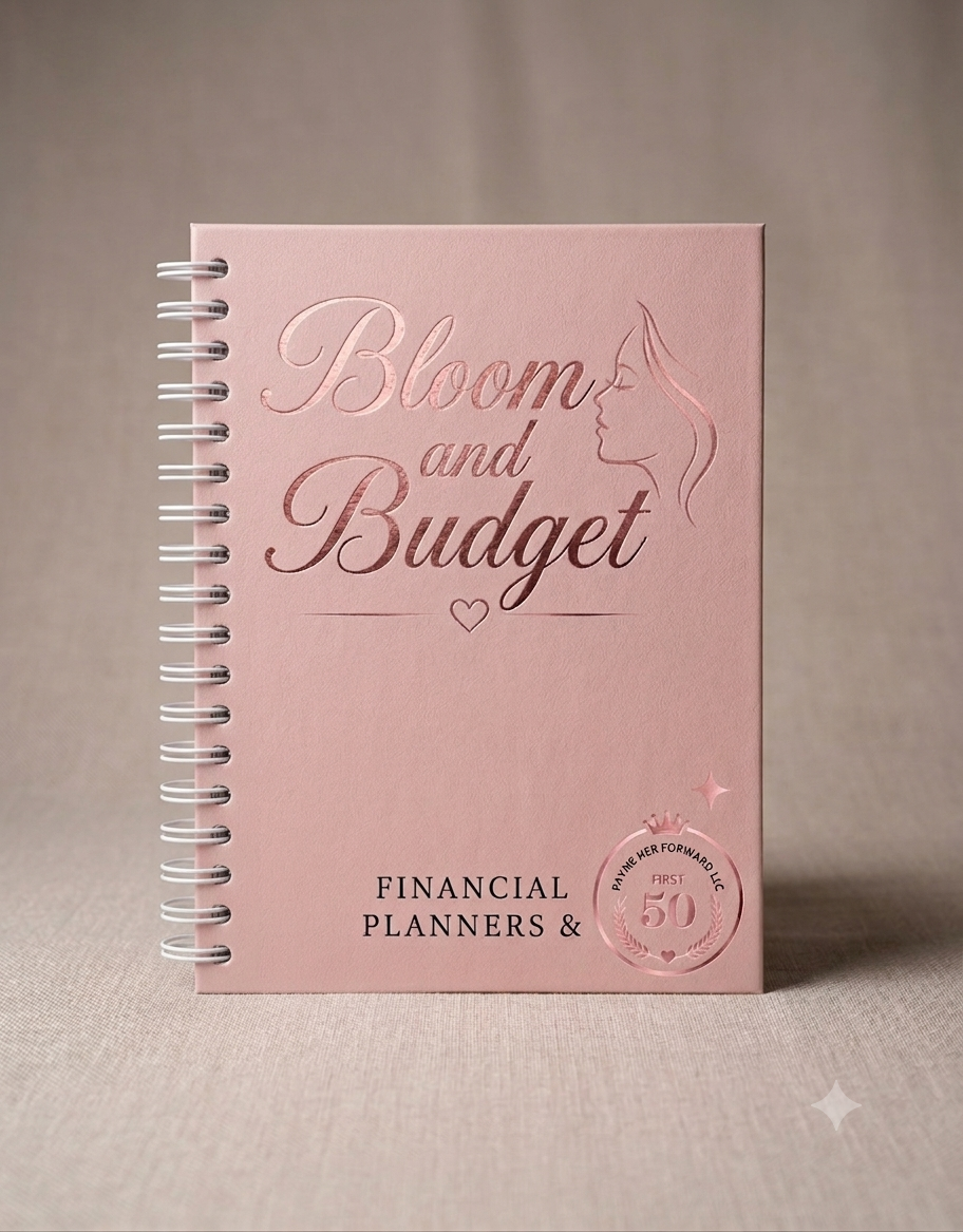 Pink notebook titled 'Bloom and Budget' on a beige background