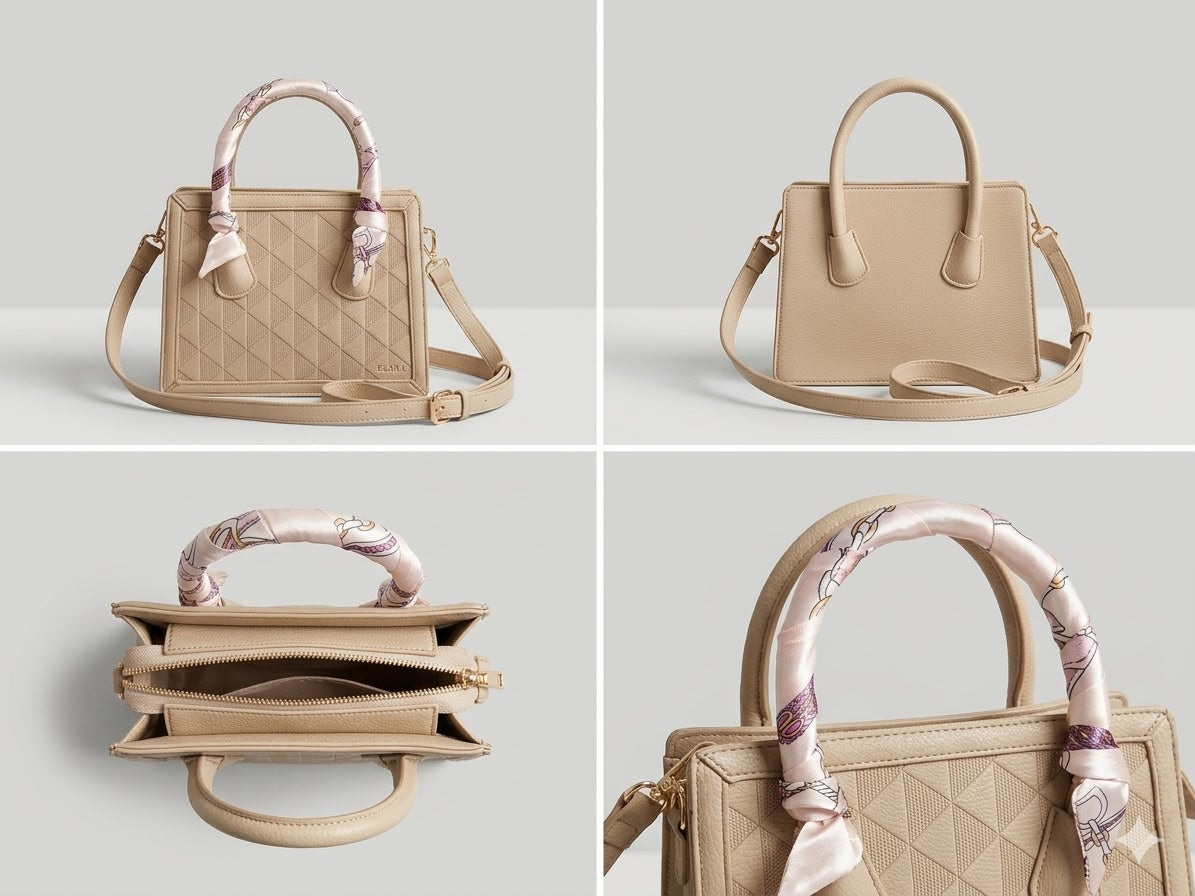 Collage of beige handbags with floral handle designs on a light gray background