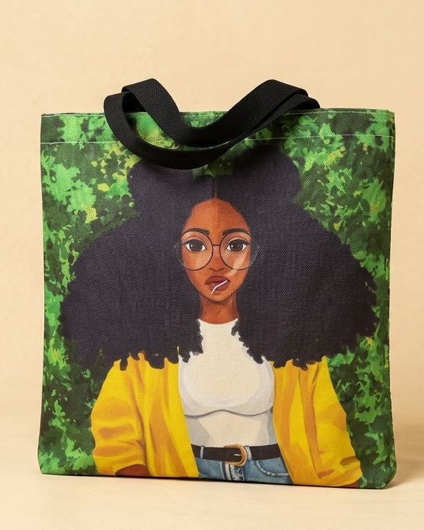 Tote bag with a design of a person with an afro wearing glasses and a yellow jacket on a beige background.