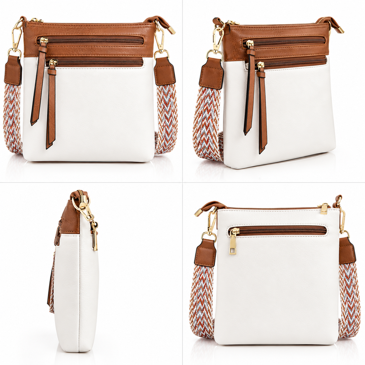 A four-panel product collage showing a white and brown crossbody bag from multiple angles on a clean white background. The bag has a white body, brown leather trim and top panel, gold-tone hardware, and a patterned woven strap in white, brown, and orange tones.
