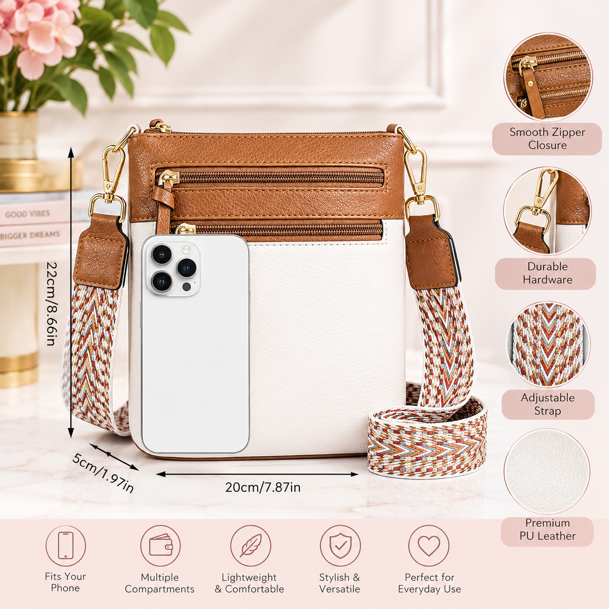 white and brown crossbody bag with a braided multicolor shoulder strap