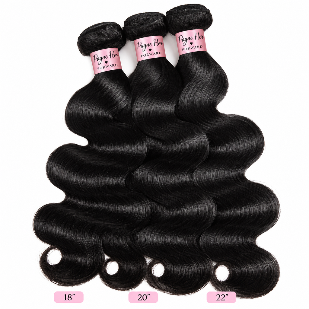 Three bundles of black body wave hair extensions displayed against a white background, with pink labels at the bottom indicating lengths 18 inches, 20 inches, and 22 inches. The brand 'Payne Hair' is visible on the hair bands.