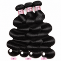 Three bundles of black body wave hair extensions displayed against a white background, with pink labels at the bottom indicating lengths 18 inches, 20 inches, and 22 inches. The brand 'Payne Hair' is visible on the hair bands.