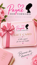 A pink gift card for 'Payne Her Forward' tied with a pink satin ribbon, styled on a pink background with floral elements, a gold pen, and other pink accessories. The card features gold and pink text and branding.