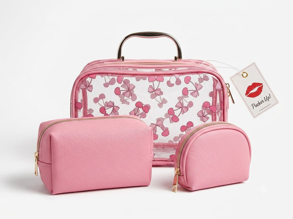 Pink cosmetic bag set with floral pattern on a white background