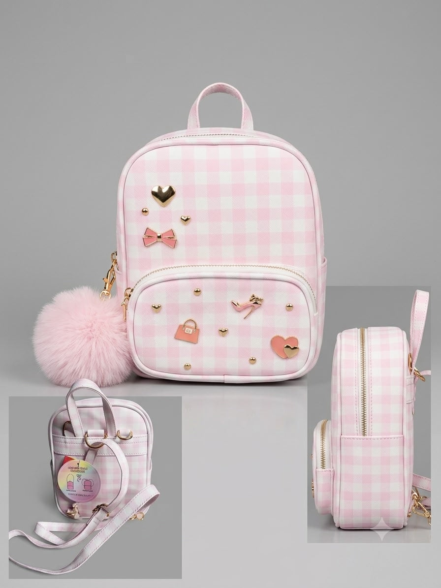 Pink checkered backpack with decorative elements on a gray background