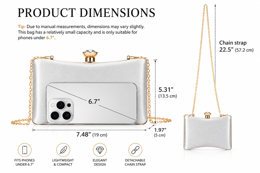 Product dimensions diagram for a silver faux-leather clutch bag with a gold chain strap, showing front and side views with measurements, on a white background.