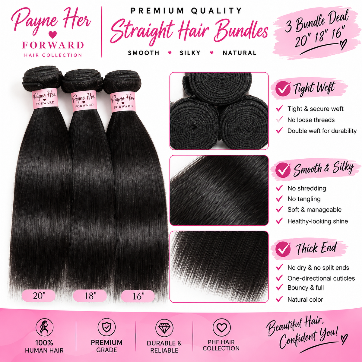 Straight Human Hair Bundle Deal –  20", 18" & 16"