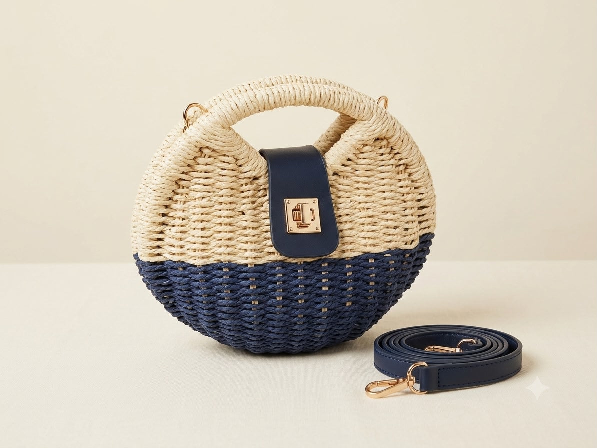 Woven handbag with navy bottom and cream top, accompanied by a matching strap on a light background