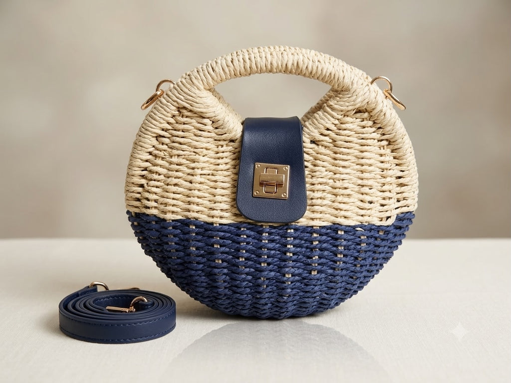 Woven handbag with a blue bottom section and beige top section on a neutral background