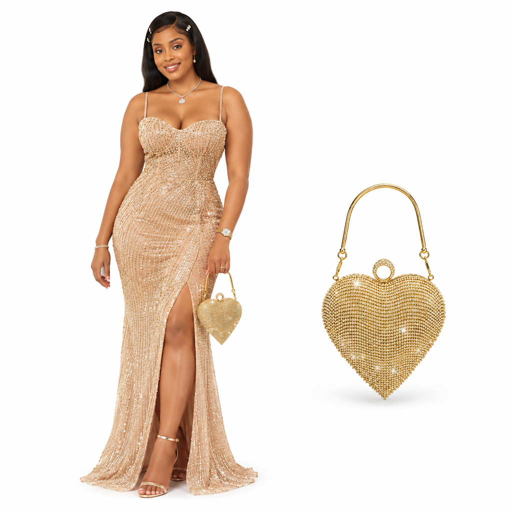 A woman models a sparkling champagne-gold sequined gown with a thigh-high slit, holding a small matching heart-shaped handbag, alongside a larger version of the heart-shaped gold rhinestone clutch on a plain white background.