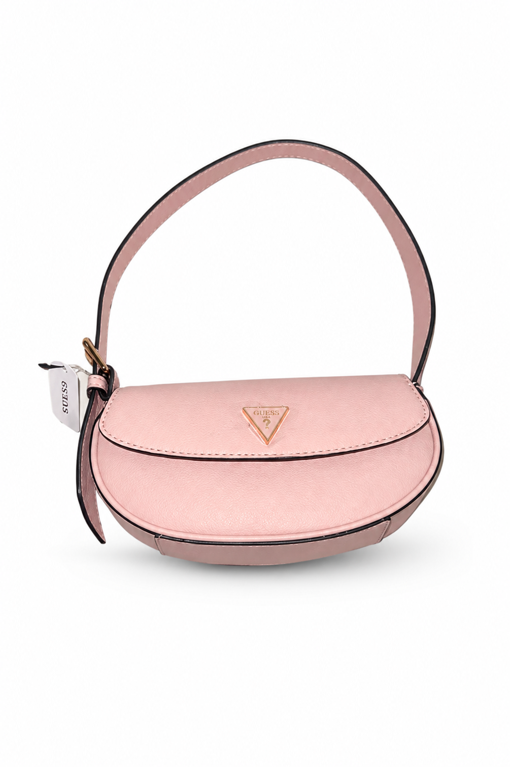 A light pink crescent-shaped shoulder bag with a matching curved strap, featuring a gold-tone triangular Guess logo on the front flap and a white hanging tag.